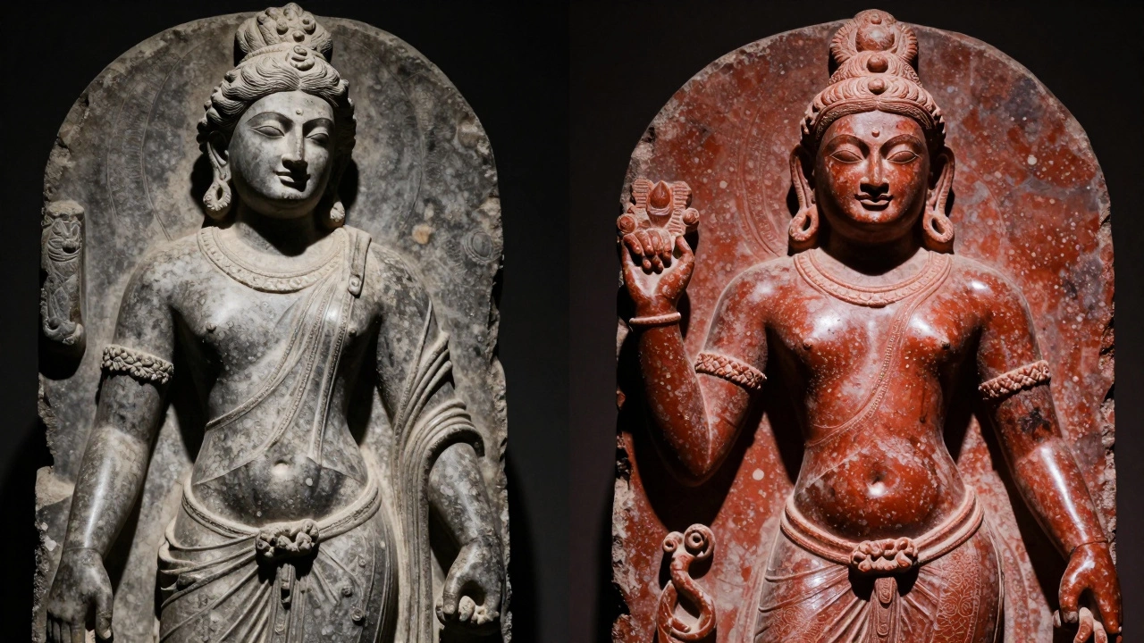 Side-by-side comparison of Gandhara and Mathura sculpture styles