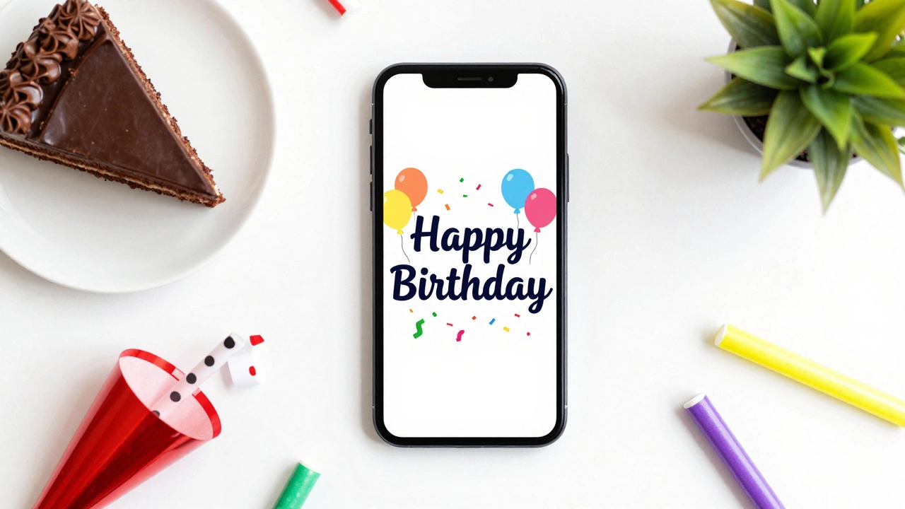 Smartphone displaying a colorful birthday graphic design with cake and party props nearby.