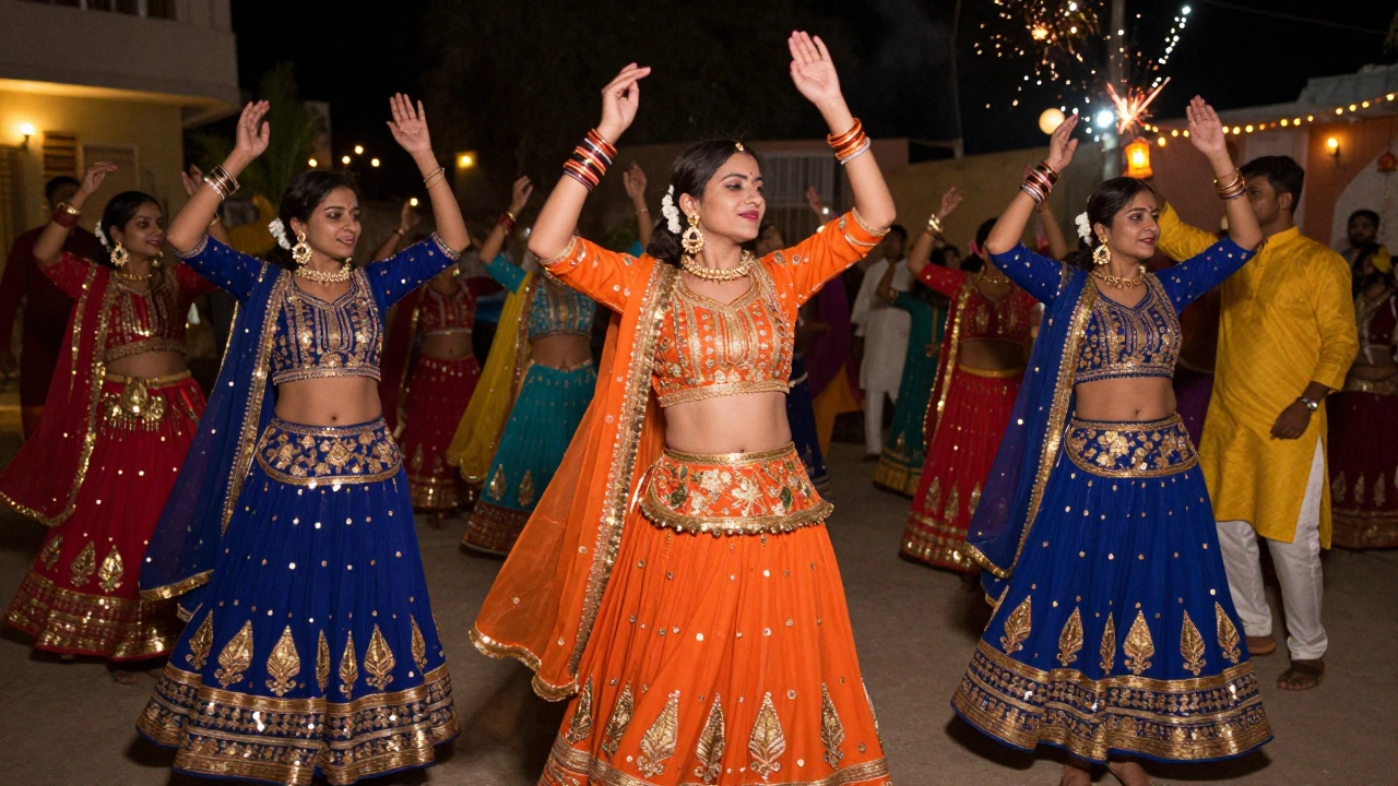 Women in colorful Chaniya Cholis dancing Garba during a festive Navratri celebration.