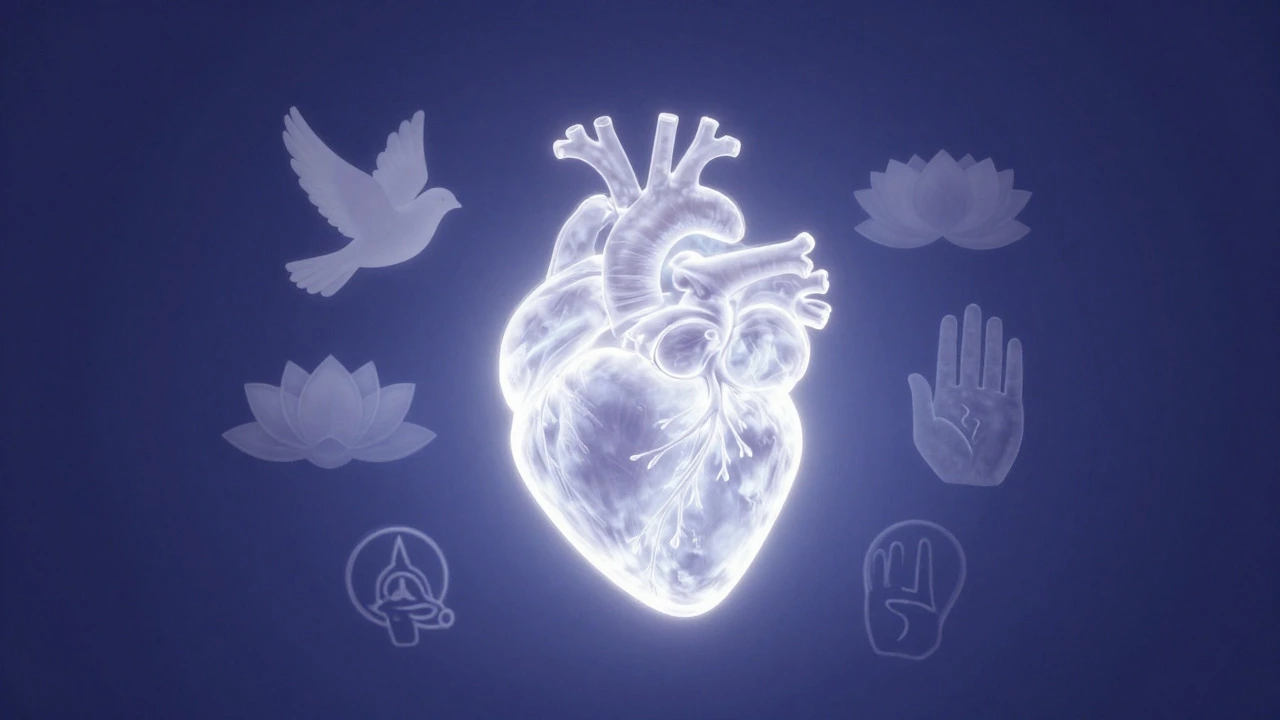 Abstract heart symbol merging Christian and Yoga ethical icons