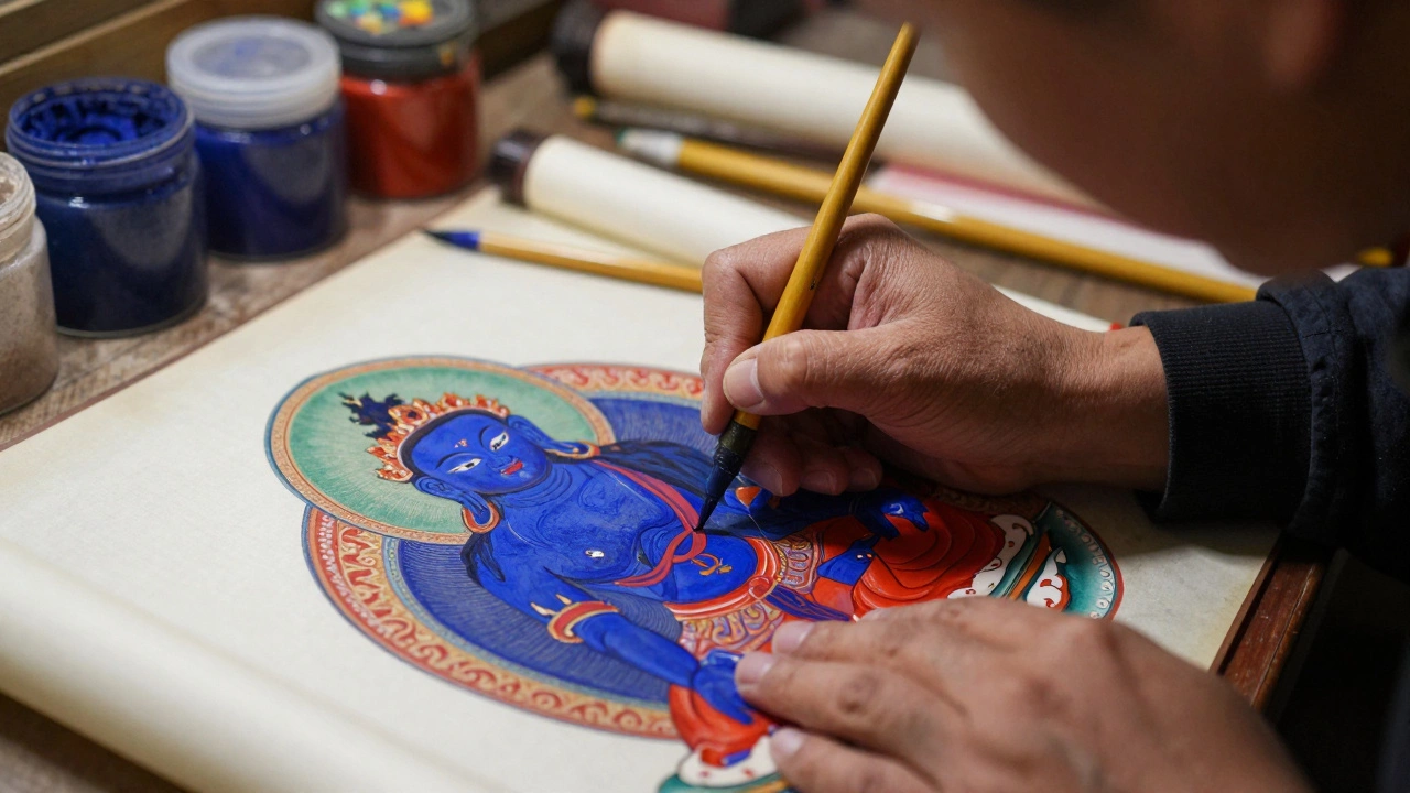 Artisan painting a detailed Thangka scroll with natural pigments in a traditional workshop