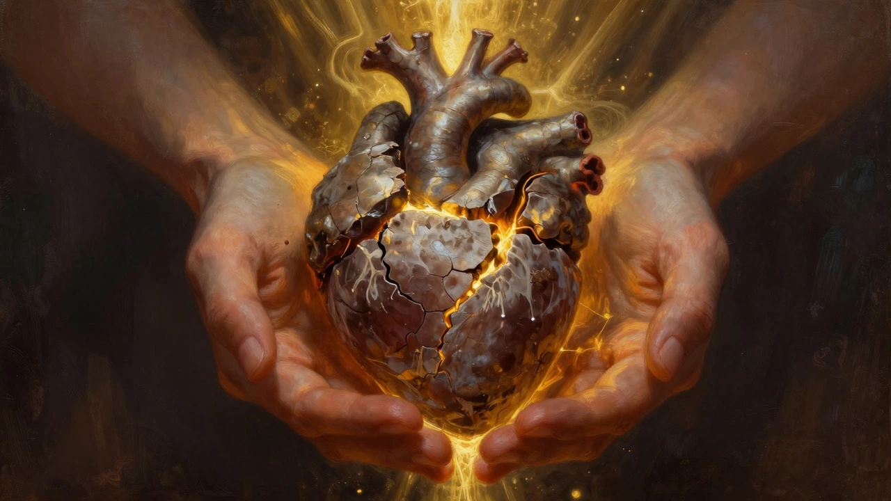 Cracked stone heart glowing with golden light from its wounds