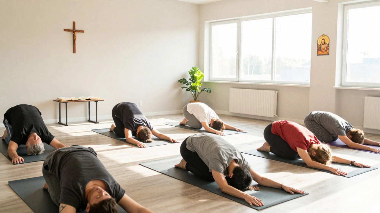 Diverse group practicing Christian-adapted yoga in a bright hall