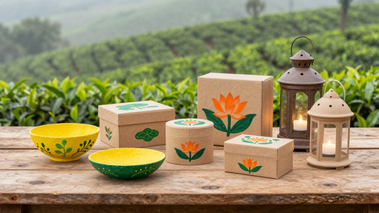 Hand-painted paper mache bowls and lanterns displayed against a misty tea garden backdrop