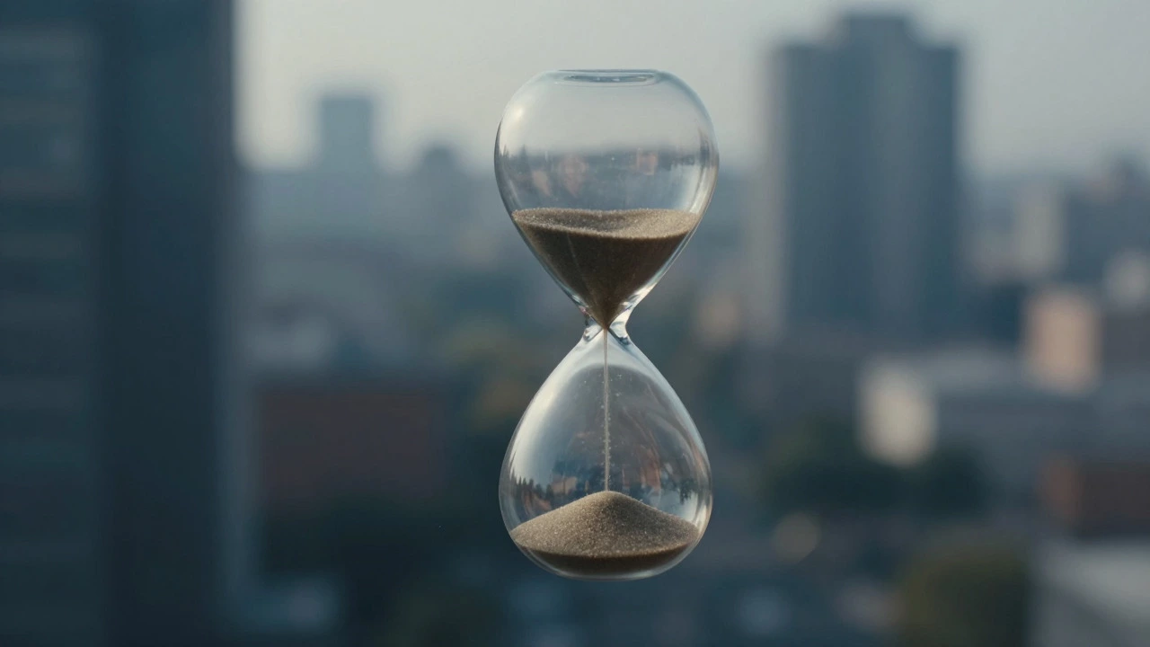 Hourglass floating in air with frozen sand against a busy city