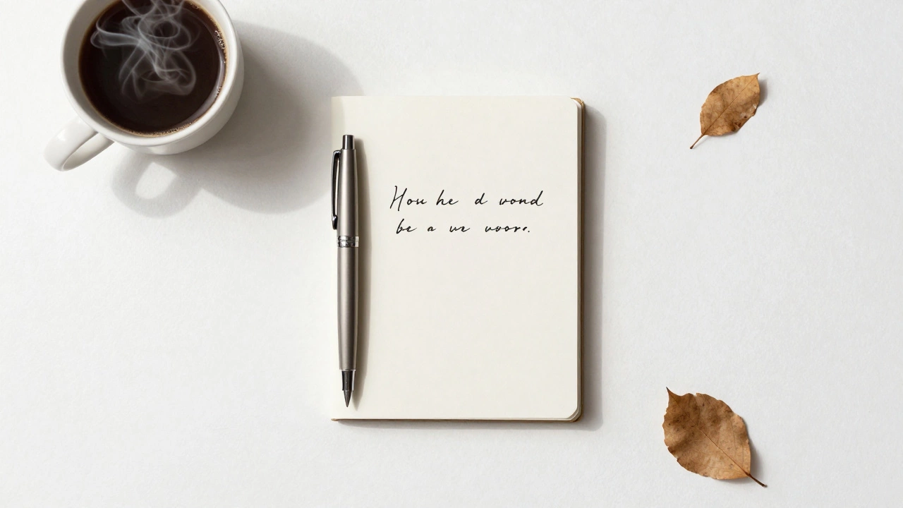 Minimalist desk setup with pen and notebook for writing mottos