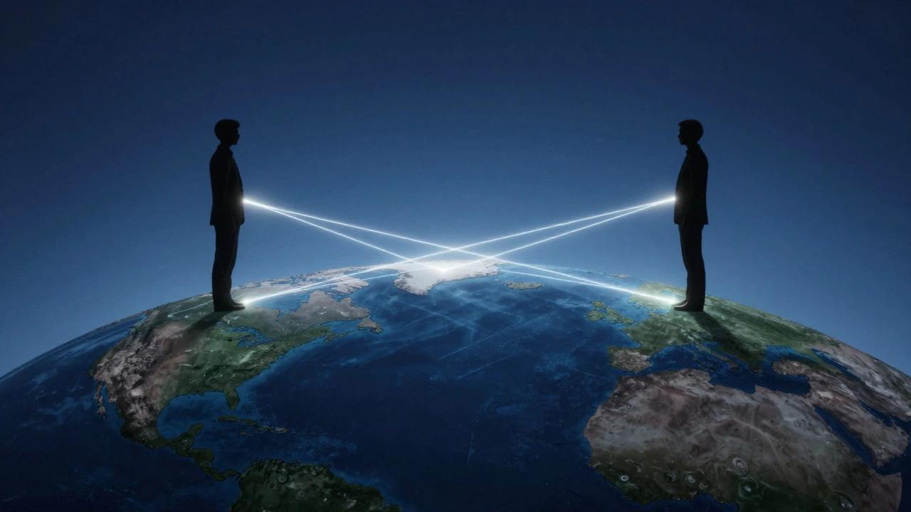 Silhouettes connected by light across a globe, symbolizing distant bonds.
