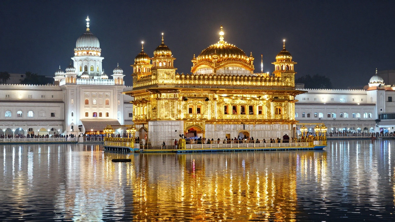 The Golden Temple in Amritsar brilliantly illuminated at night reflecting in the water