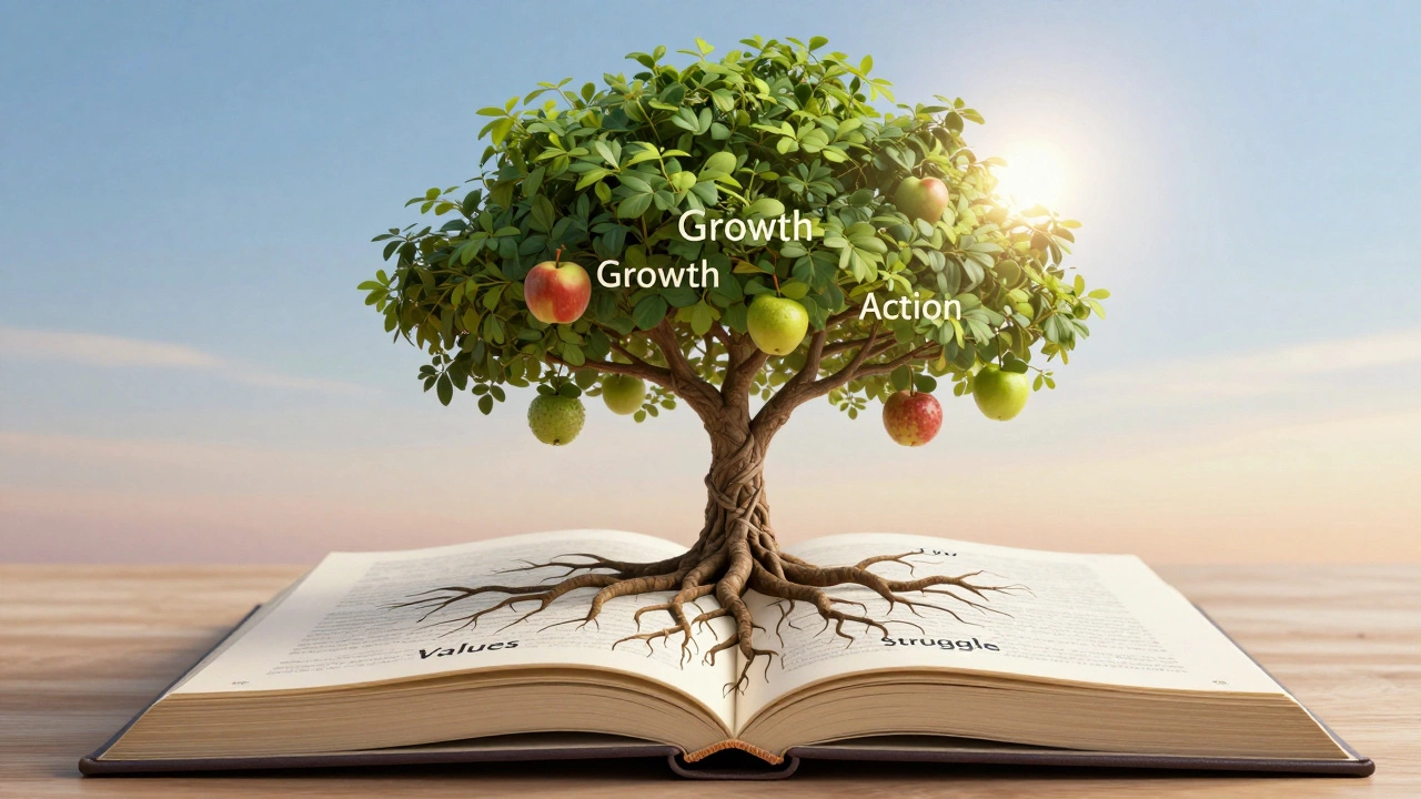 Tree growing from a book symbolizing personal growth and values