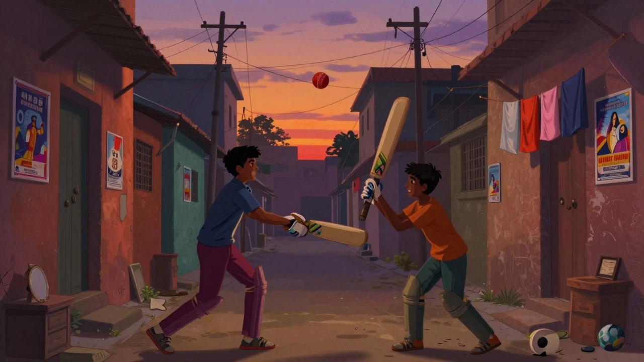 Two friends playing cricket in a colorful Indian street at sunset.