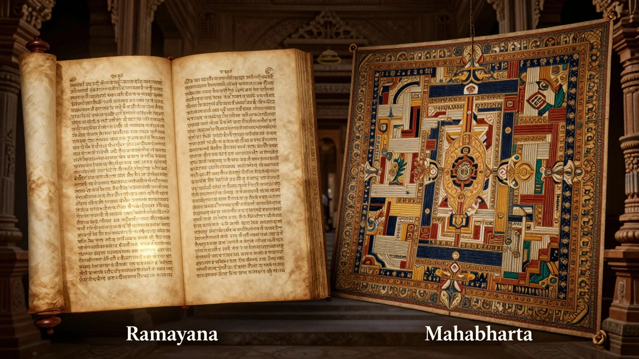 Visual comparison of Ramayana's poetic structure vs Mahabharata's complexity