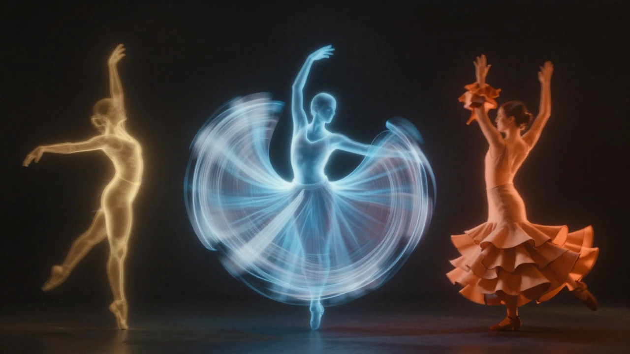 Abstract illustration of dance movements using colored light trails