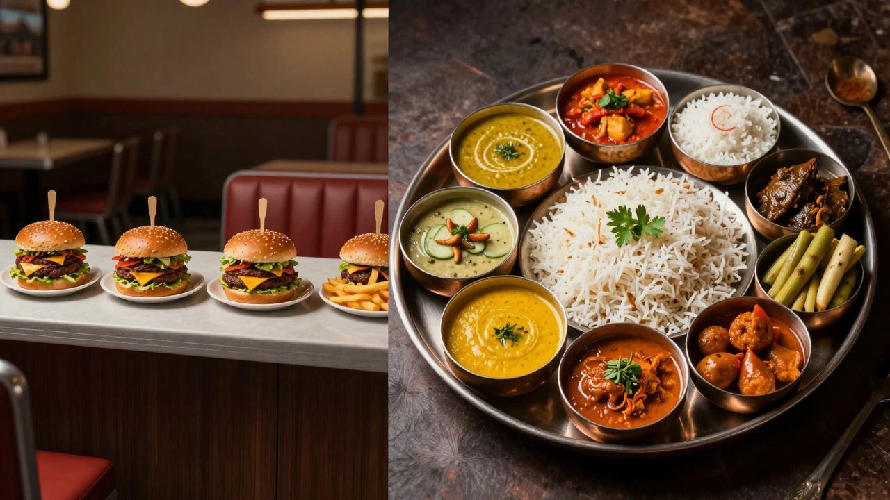 Artistic split view comparing uniform American food to a diverse Indian Thali.