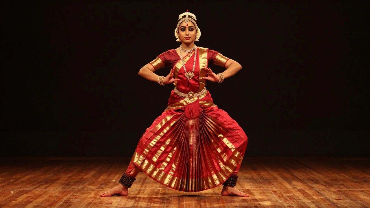 Bharatanatyam dancer performing rhythmic footwork in a silk saree