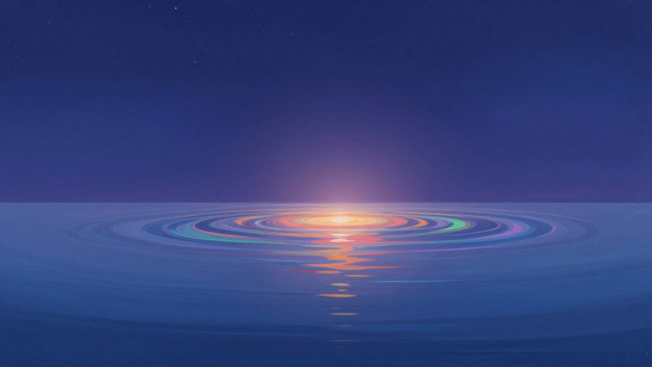 Calm water reflecting illusions above while a steady light shines from within below
