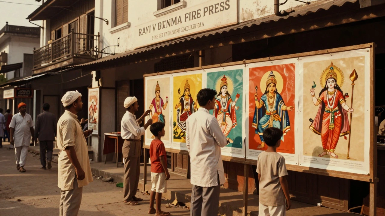 Crowd viewing lithographic prints at Ravi Varma's press in Mumbai