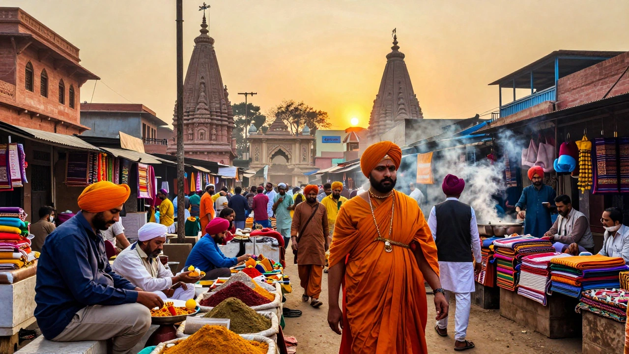 Crowded Indian street scene with people of various faiths and traditions.
