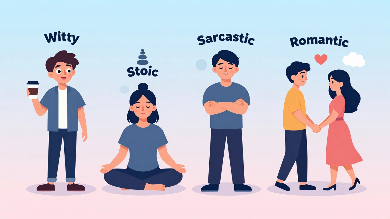 Four illustrated characters representing witty, stoic, sarcastic, and romantic moods
