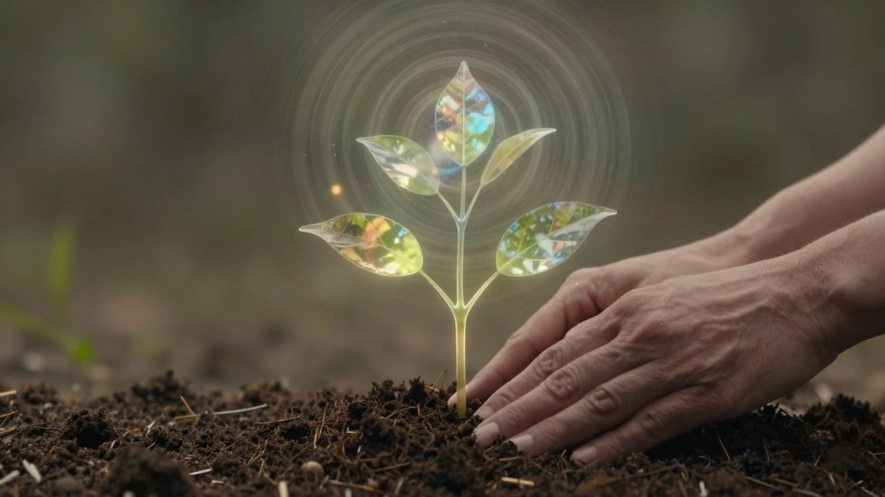Hands planting a seed that grows into a tree of karmic consequences and spiritual growth
