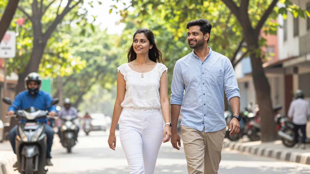 Happy couple walking together on a city street, representing shared growth