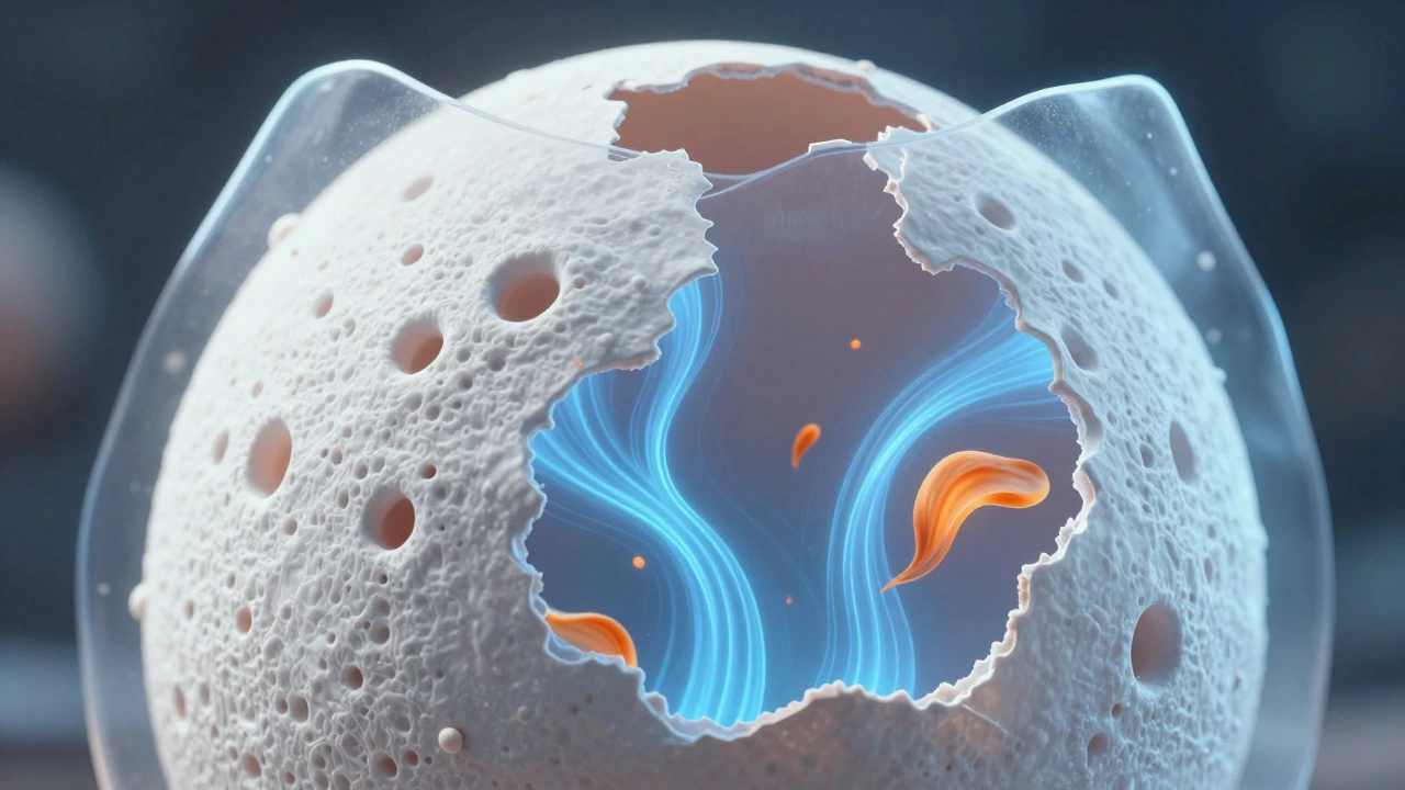 Illustration of eggshell pores showing gas exchange and protective bloom layer