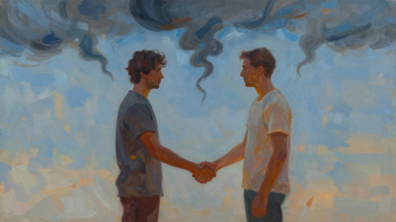 Illustration of two people holding hands during a conflict, symbolizing trust