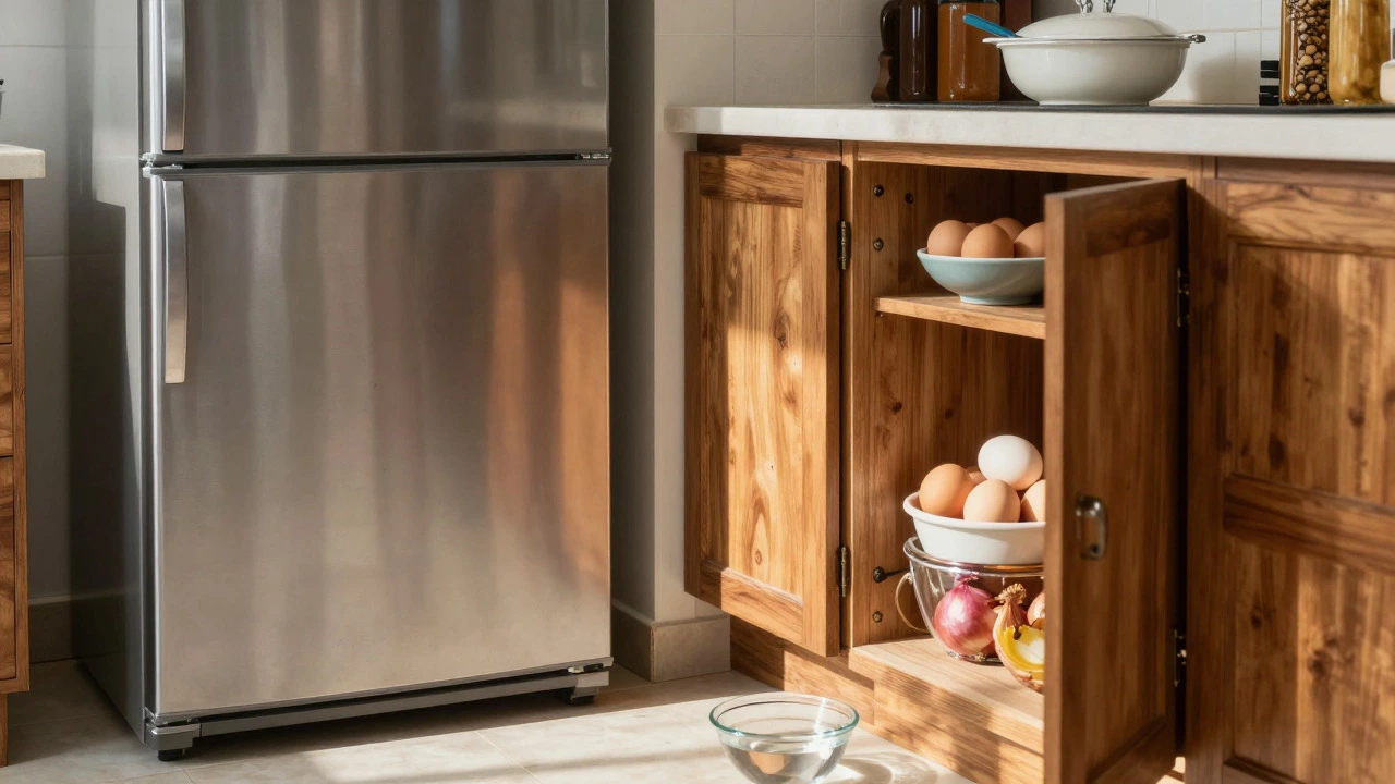 Modern Indian kitchen comparing refrigerated storage with traditional pantry methods