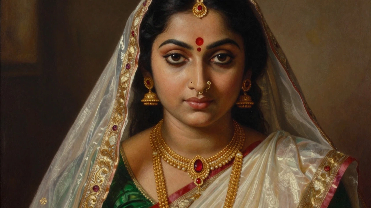 Realistic oil painting of a mythological figure in silk saree by Ravi Varma