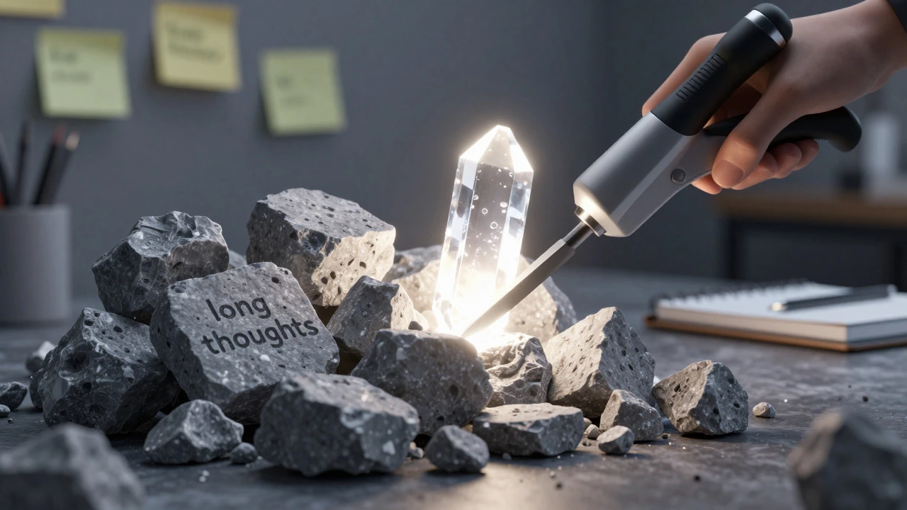 Sculpting tool refining rough stones into a glowing crystal shard