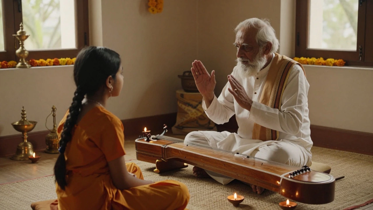 Traditional guru teaching student with veena in a cultural setting
