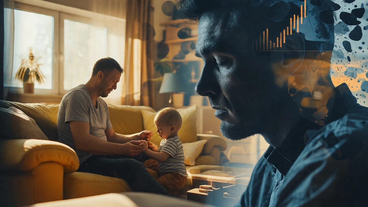 Artistic depiction of a father with child overlaid with imagery of male mental pressure