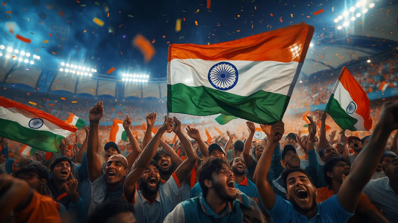 Cheering crowd waving Indian flags at a cricket stadium at night