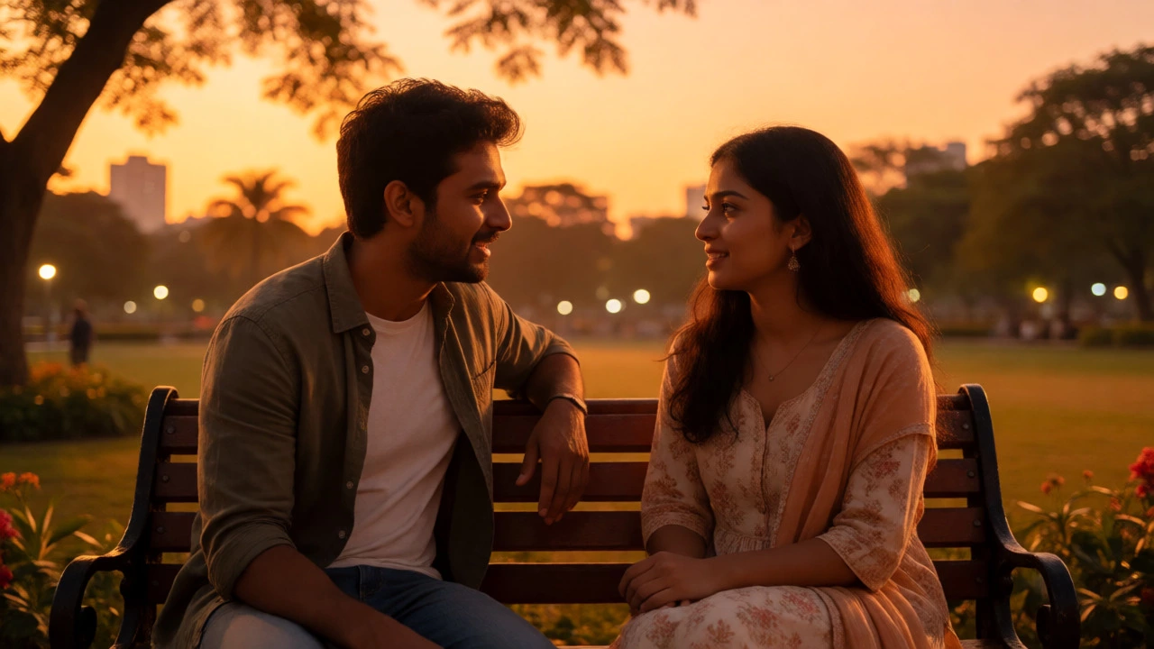 Couple conversing intimately on a park bench at sunset