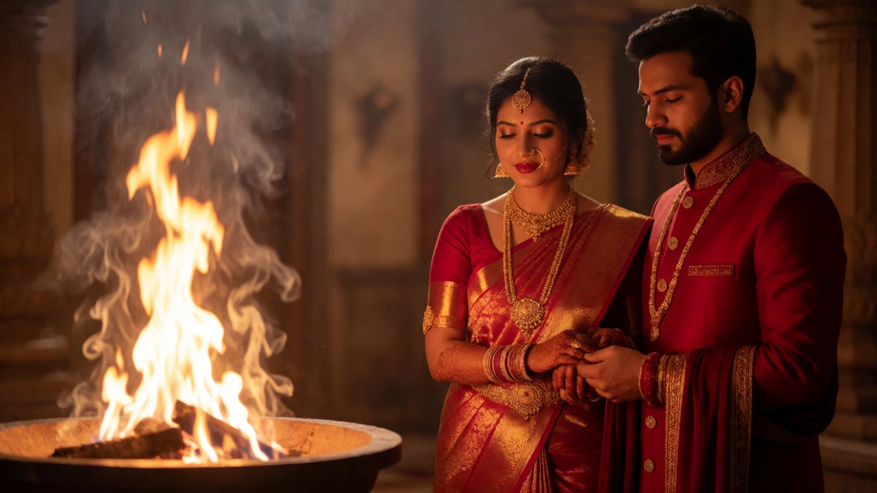Couple taking vows around the sacred fire during the Saptapadi ritual.