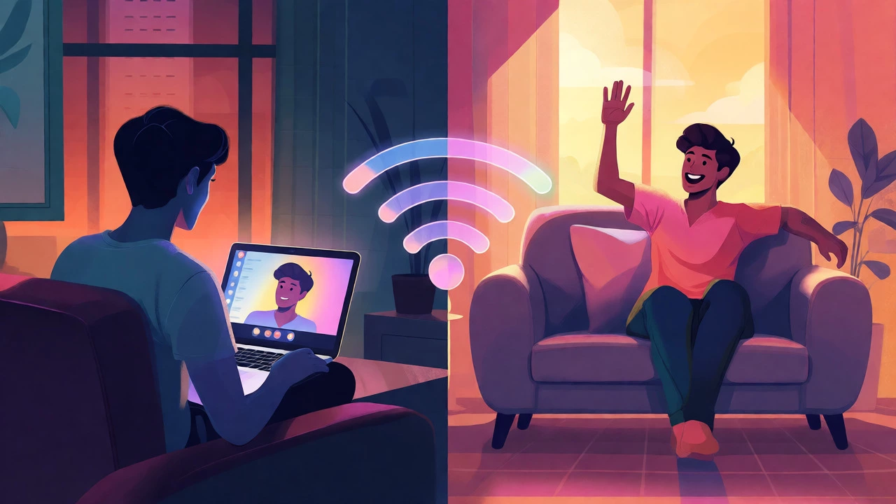 Digital art showing friends connected by video call across different cities