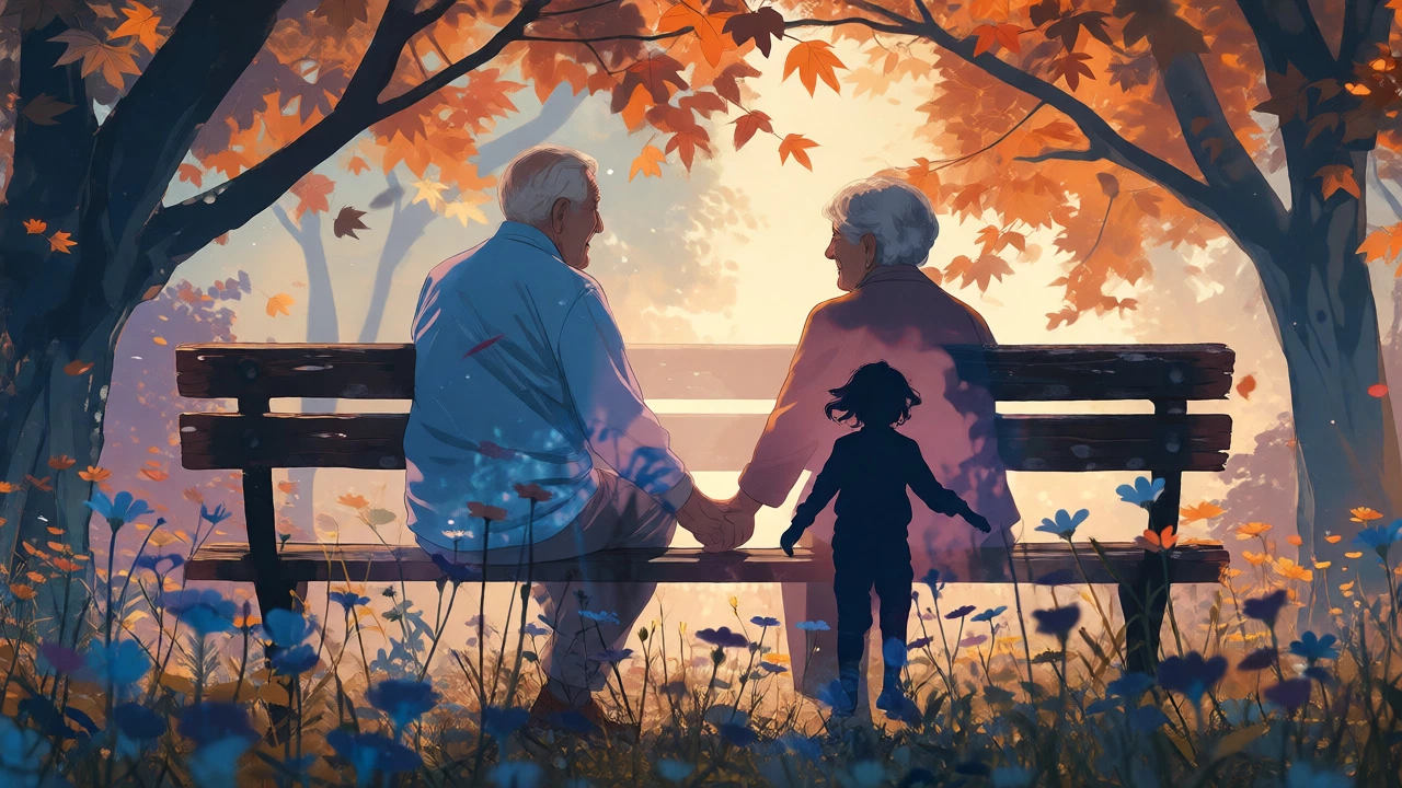 Double exposure of an elderly couple on a bench overlaid with a child in a field