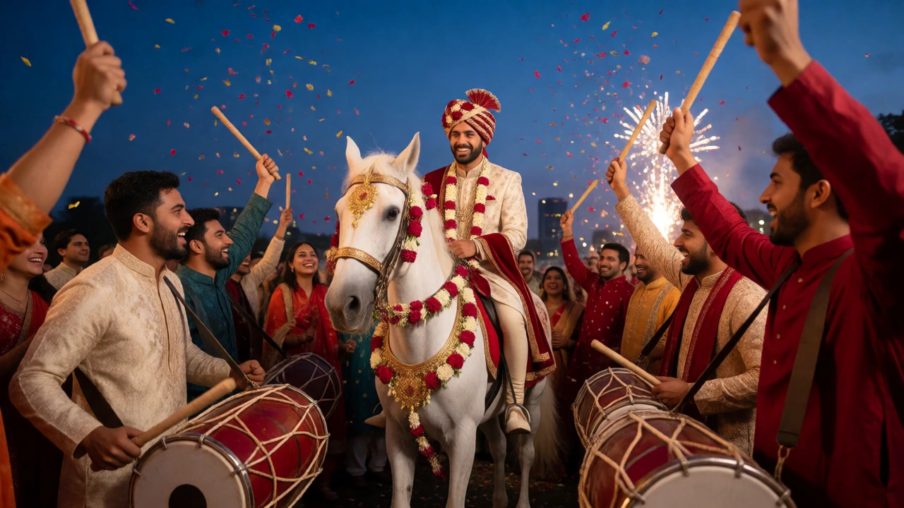 Groom riding a decorated horse in a festive Baraat procession with drummers.