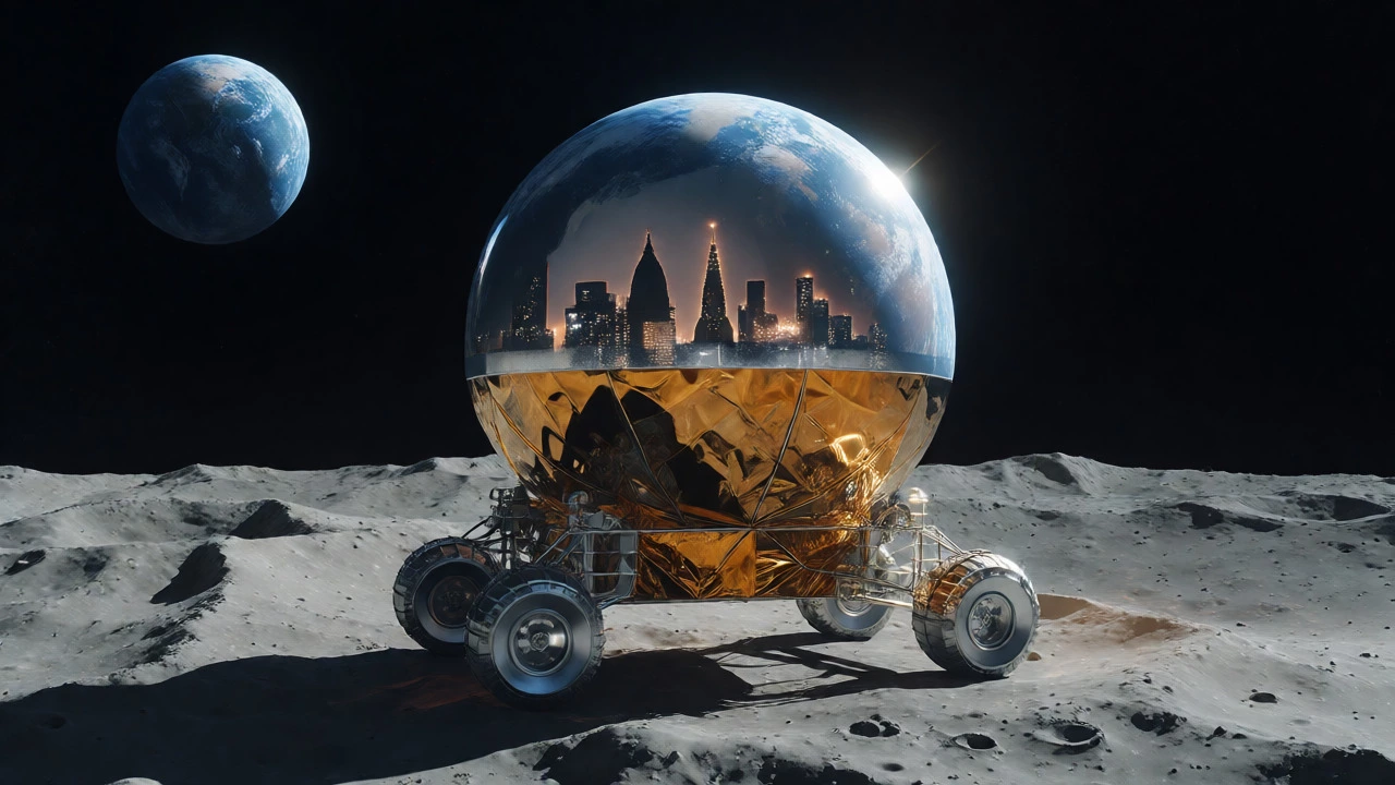 ISRO lunar rover on the moon reflecting the Indian skyline