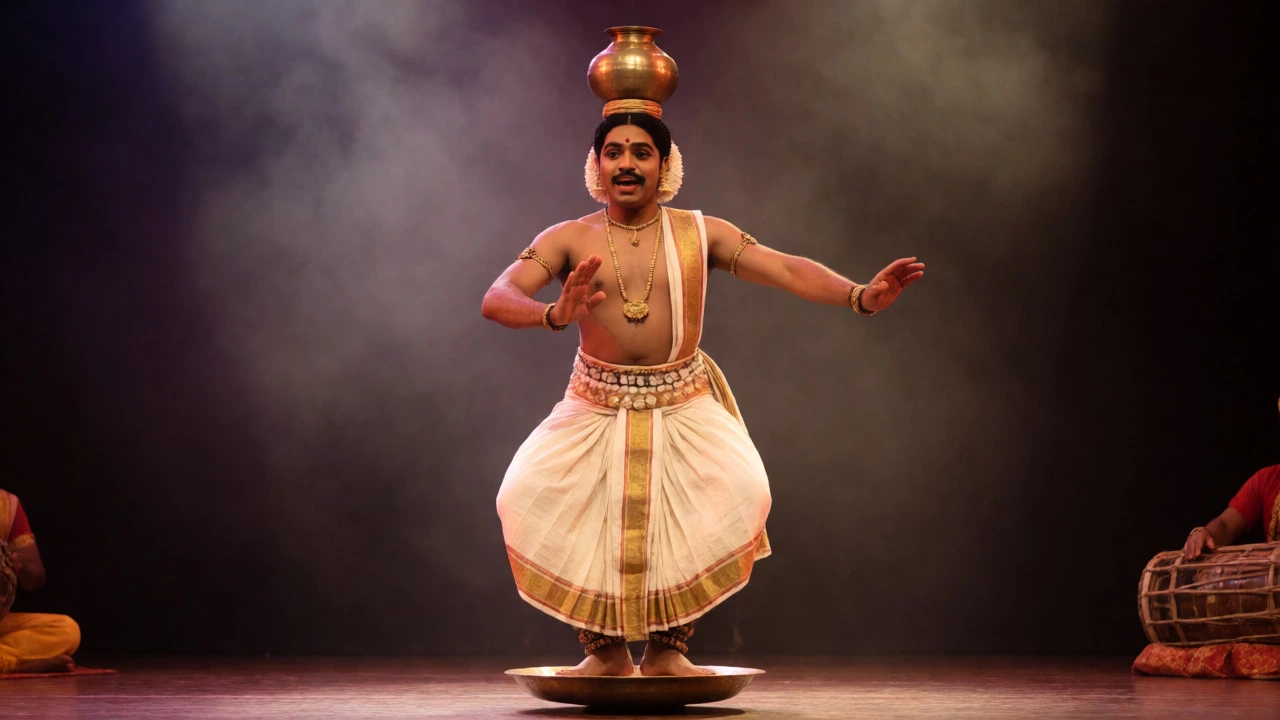 Kuchipudi dancer performing Tarangam on a brass plate with a pot balanced on head