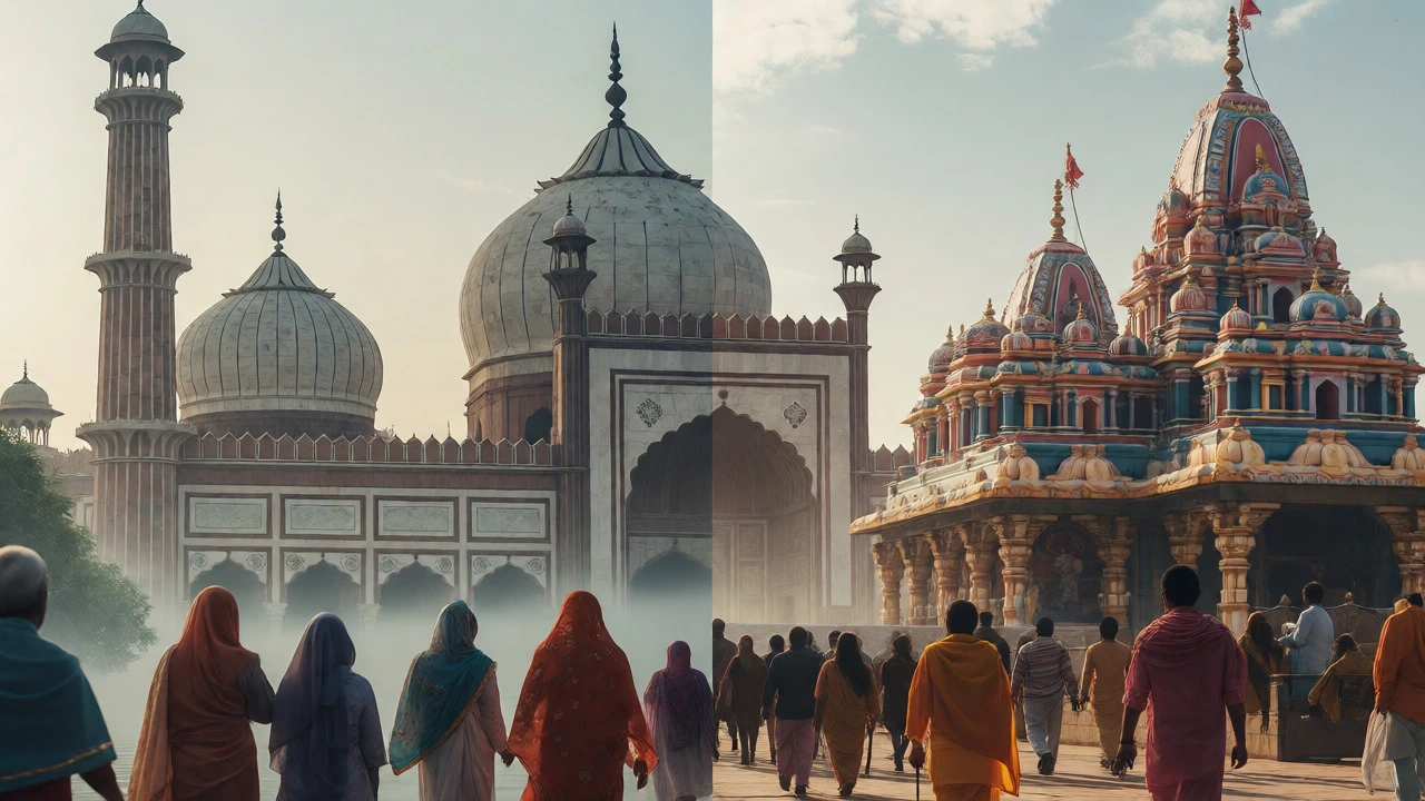 Mosque and Hindu temple standing side-by-side with diverse people walking between them.