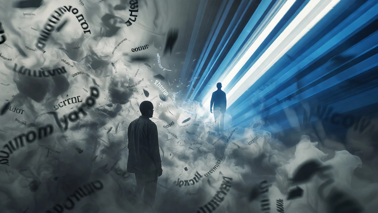 Person emerging from gray fog into bright light, symbolizing clarity of expression