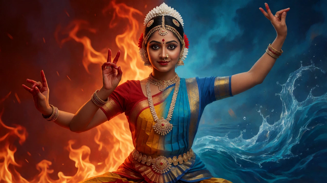 Split composition comparing geometric Bharatanatyam and dramatic Kuchipudi dance styles