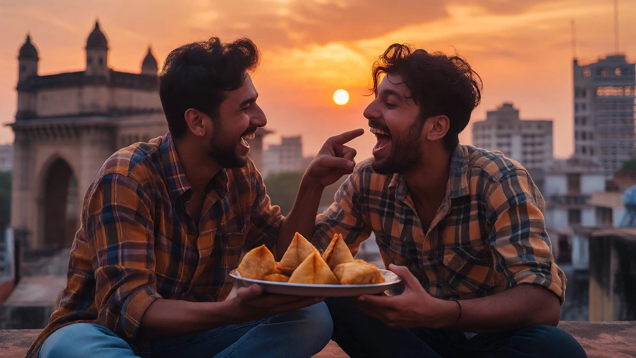 Two friends laughing together while sharing samosas on a rooftop at sunset