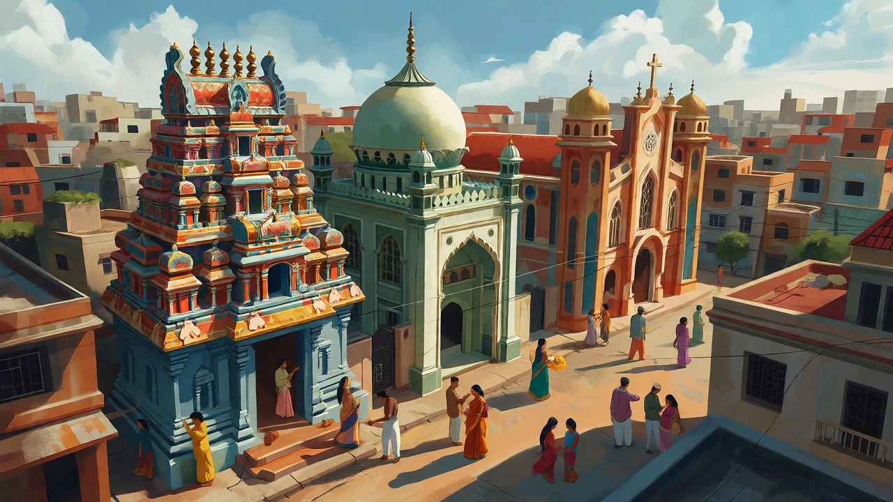 Aerial view of temple, mosque, and church standing together in an Indian neighborhood