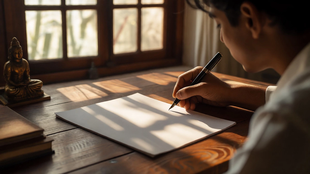 Indian poet writing verse at a sunlit wooden desk