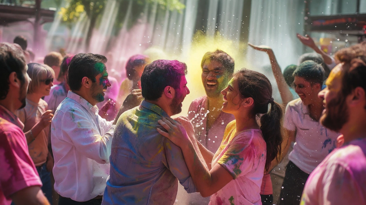Joyful crowd playing Holi with colorful powders and water splashes in bright daylight.