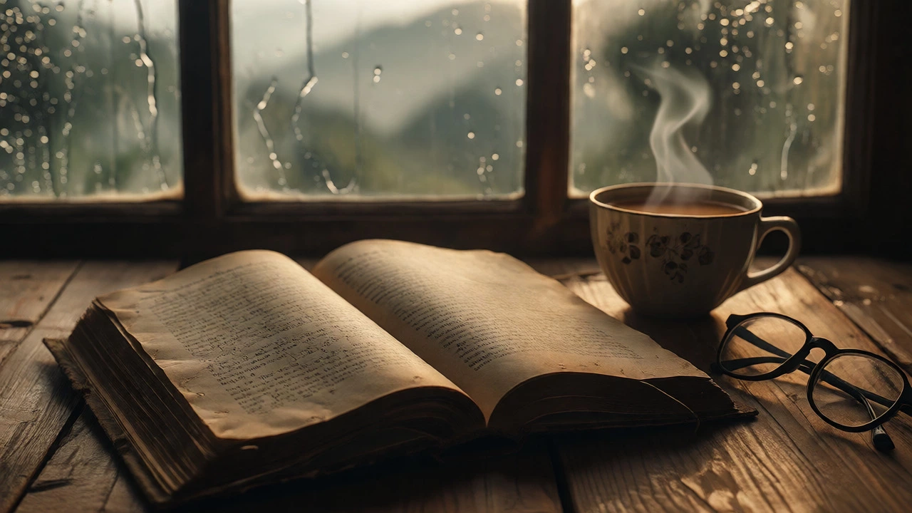 Open book and steaming chai on a wooden table by a rainy window