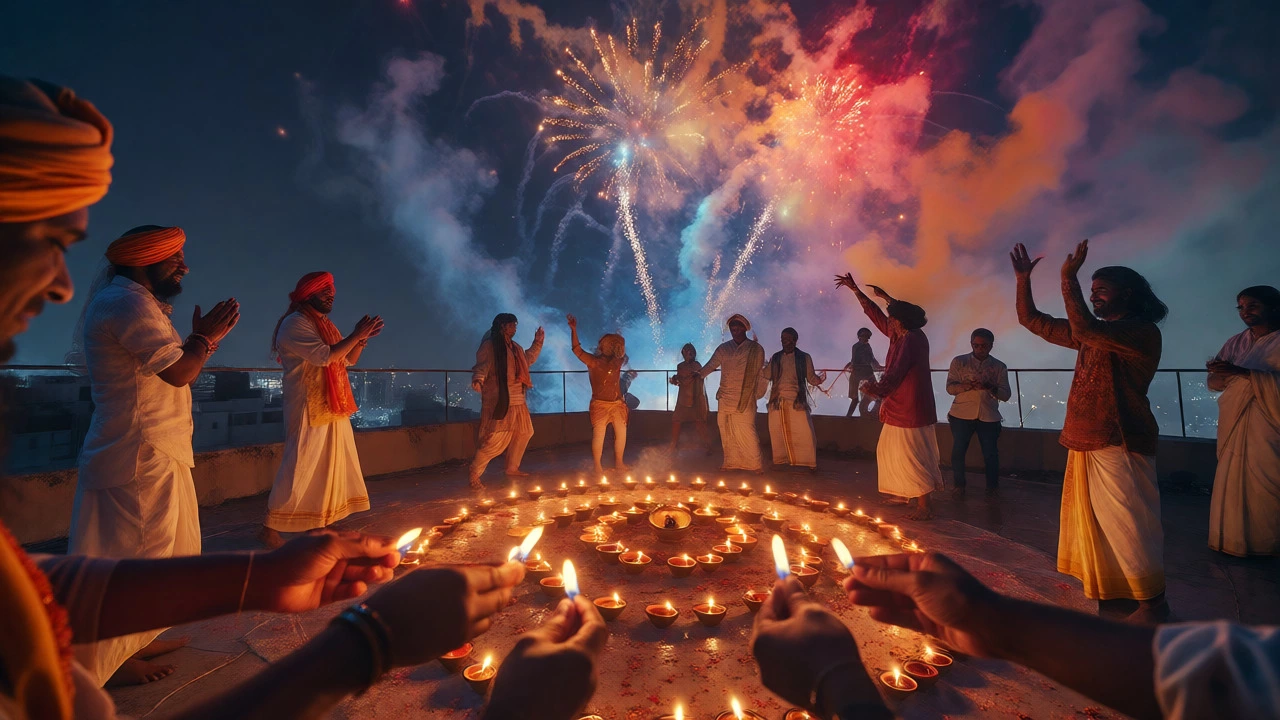 People lighting diyas and celebrating festivals on a rooftop with fireworks above