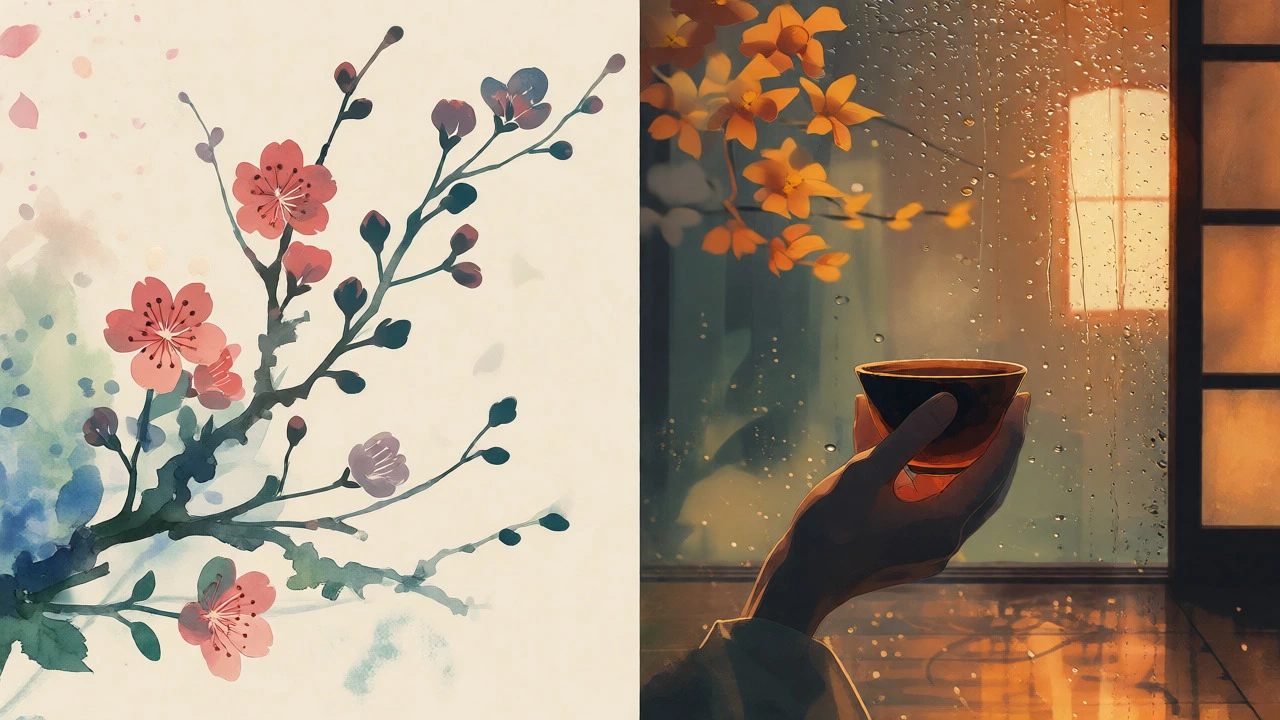 Split scene contrasting nature imagery with an intimate indoor moment