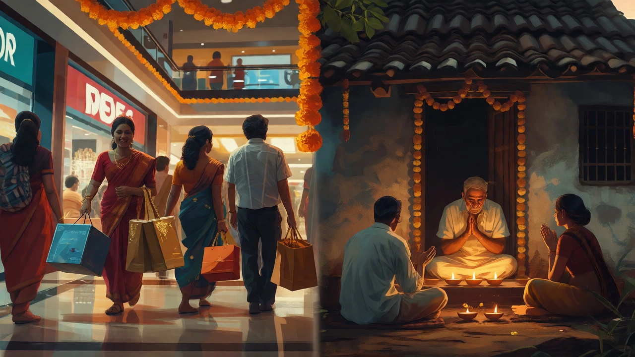Split view comparing modern Diwali shopping crowds with traditional rural family prayers.